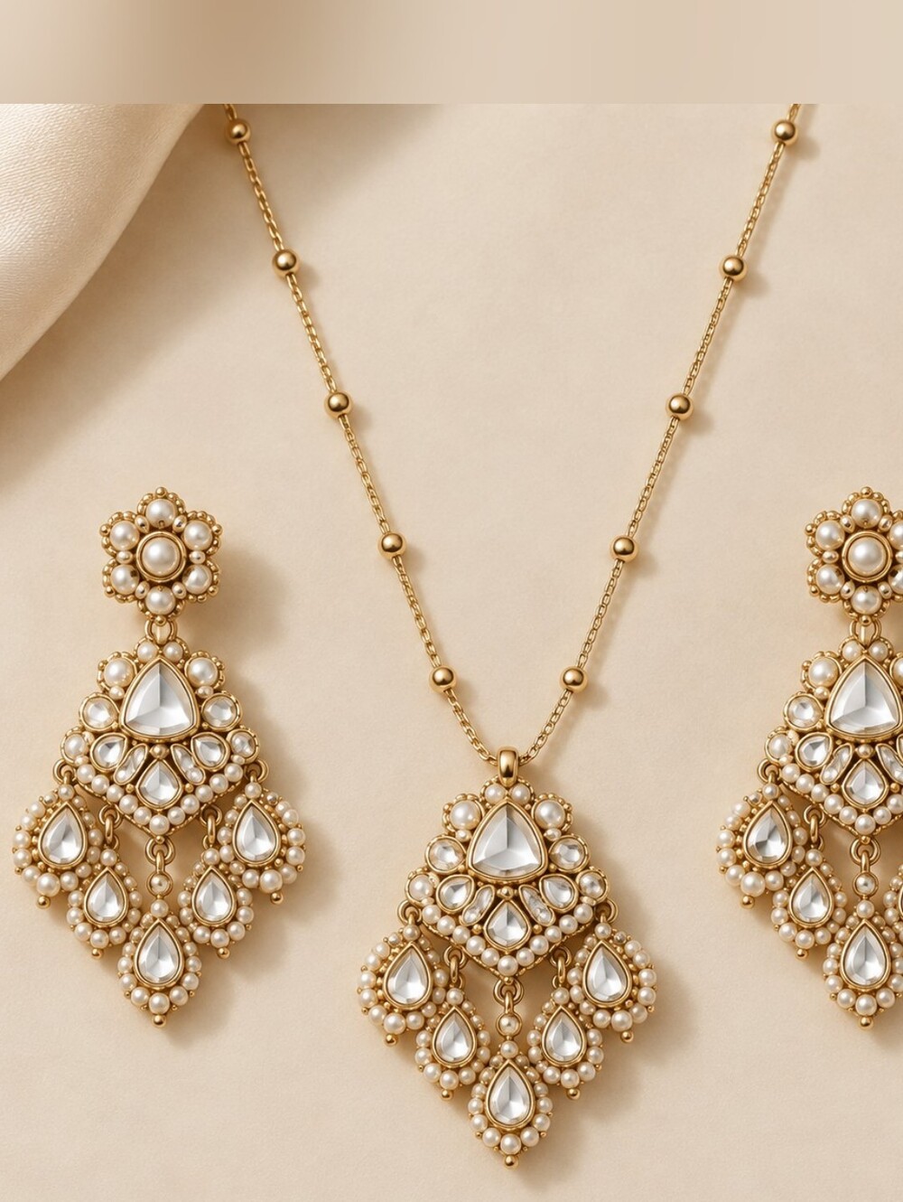 Gold Tone Polki Pendant Necklace & Chandelier Earrings Set